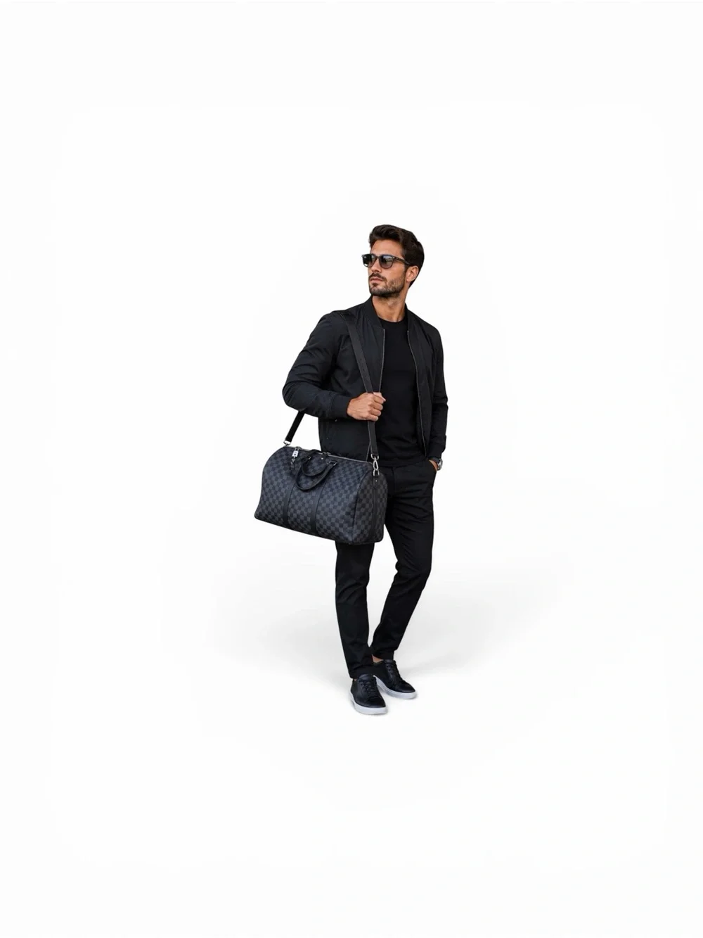 Men's Black Check Duffle Bag - Travel Weekend Tote